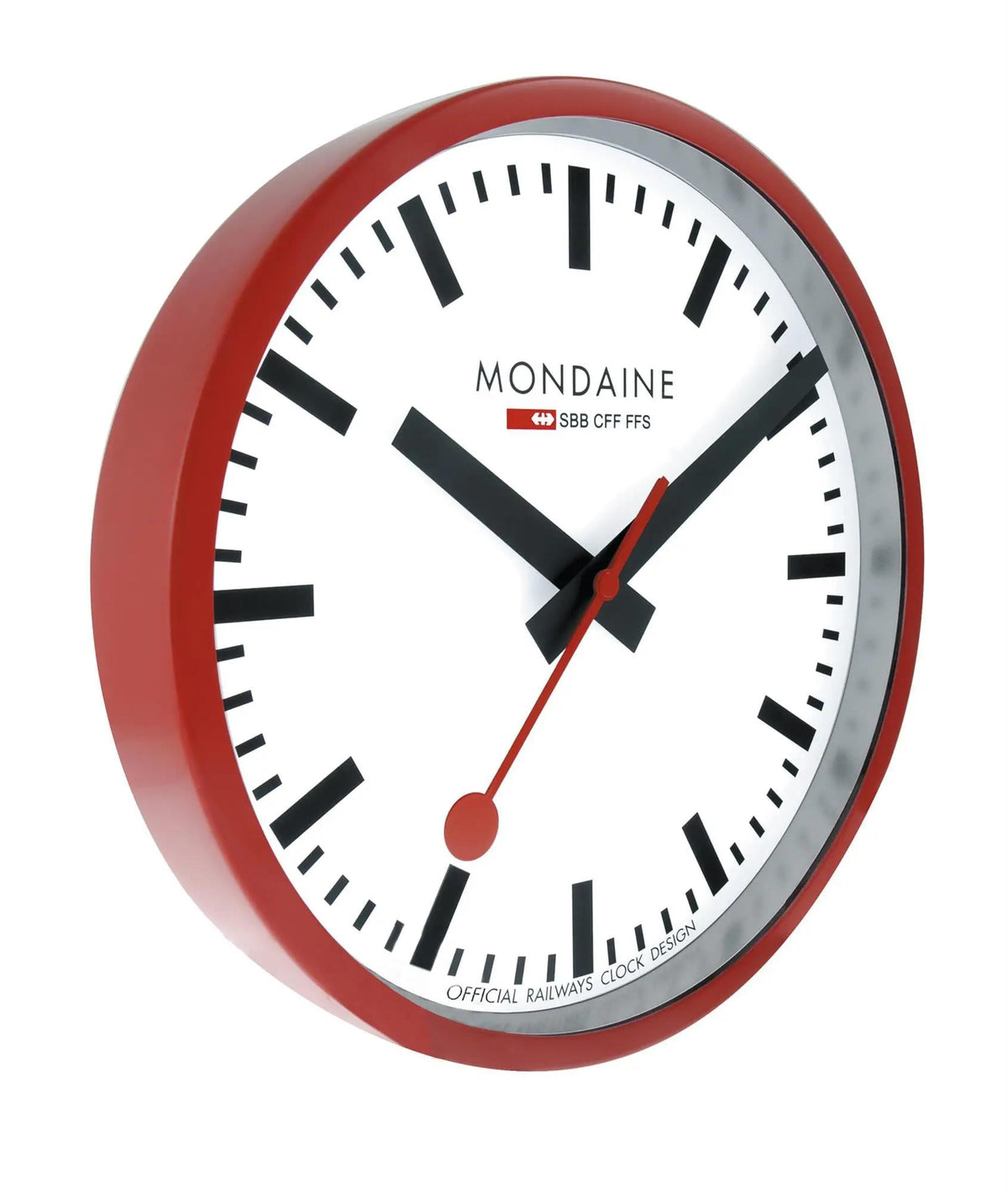 Angled view highlighting the red aluminum case rim of the Mondaine clock A990.CLOCK.11SBC.