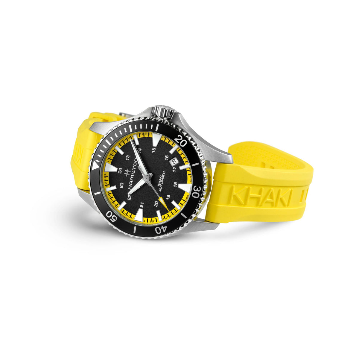 Men's Hamilton dive watch with black dial and yellow bezel markings, yellow silicone strap