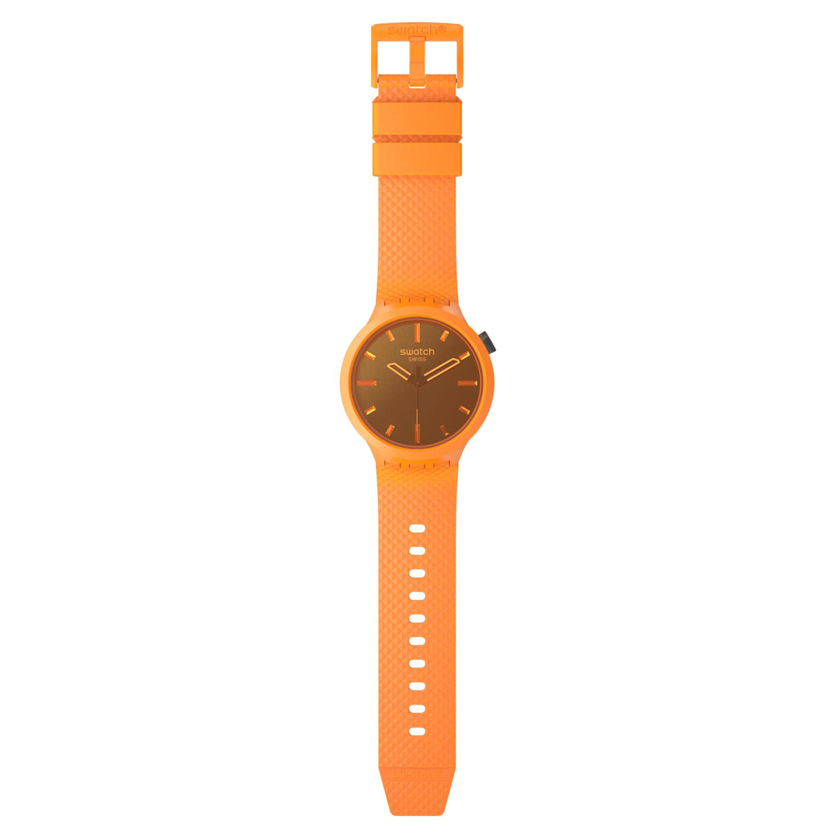 Orange Swatch silicone watch with dark dial, side view; orange strap with holes