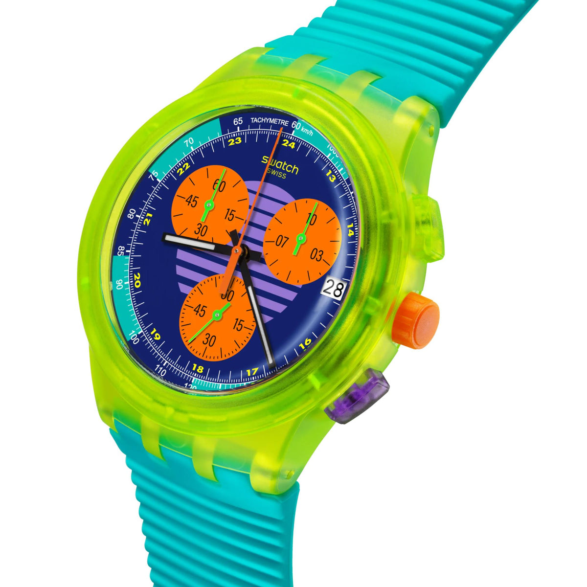 Neon green and turquoise chronograph watch with multicolor subdials and visible orange crown