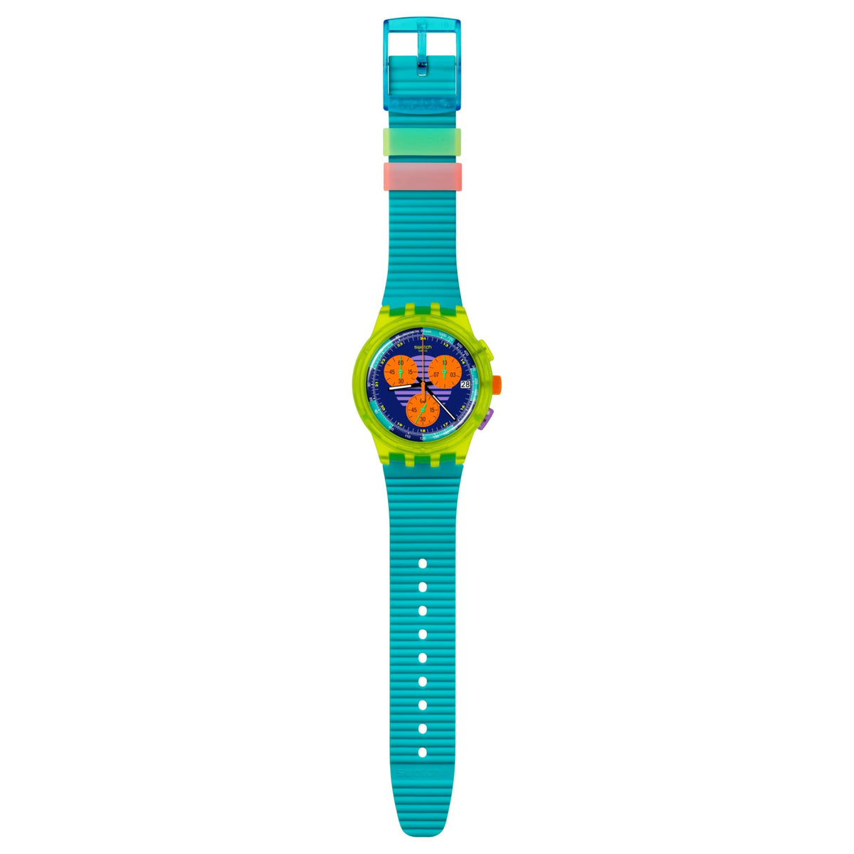 Multicolor chronograph watch on turquoise silicone strap with four-buckle detail