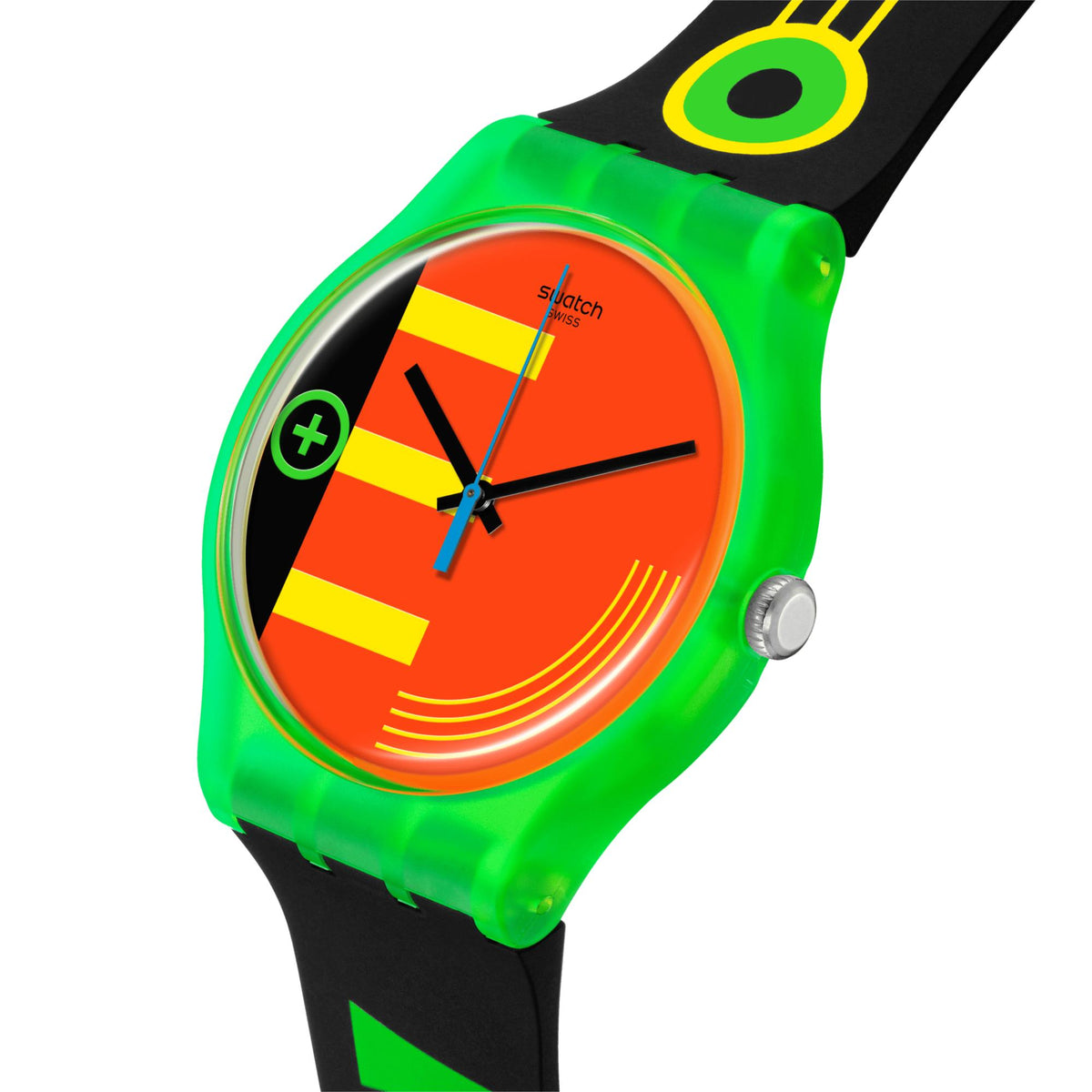 Black silicone strap watch with orange striped dial and side crown detail