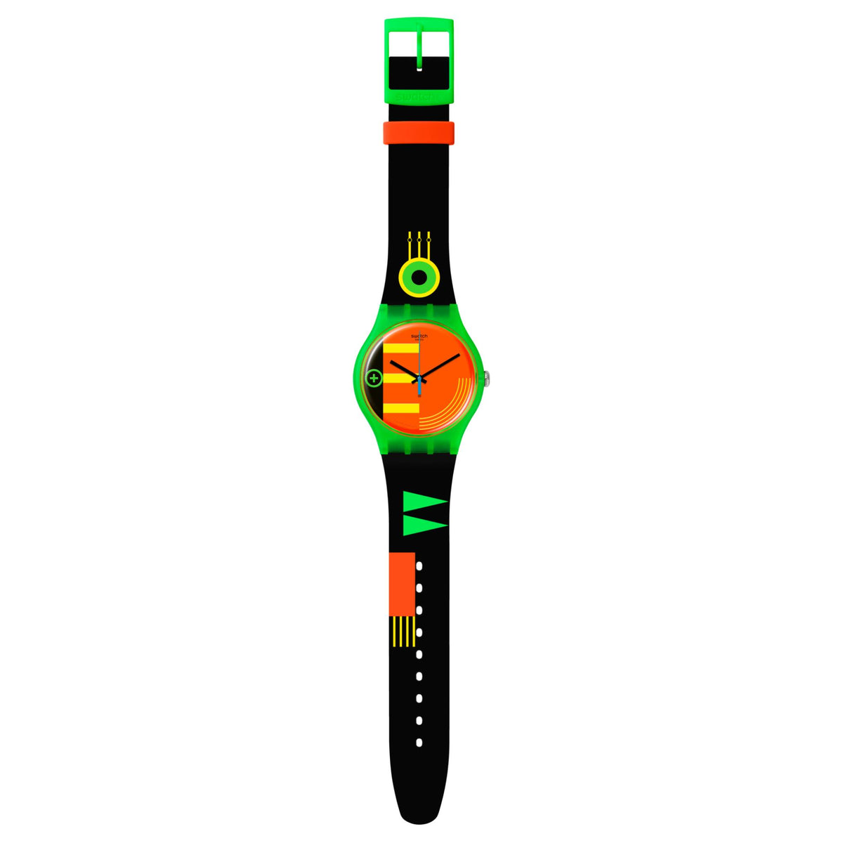 Neon-faced black silicone watch with geometric graphics and orange dial
