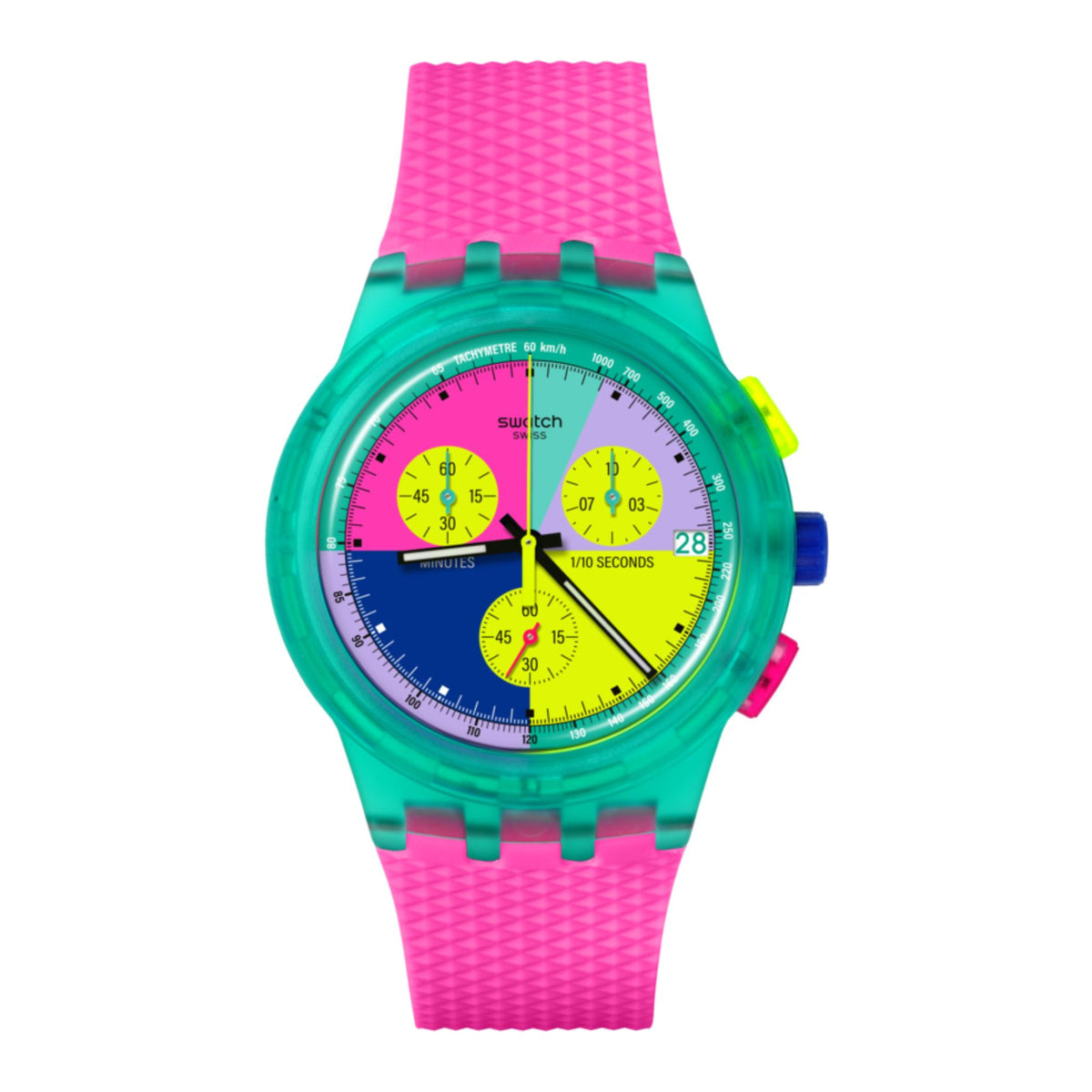 Multicolor chronograph watch with pink silicone strap and neon dial, round case.