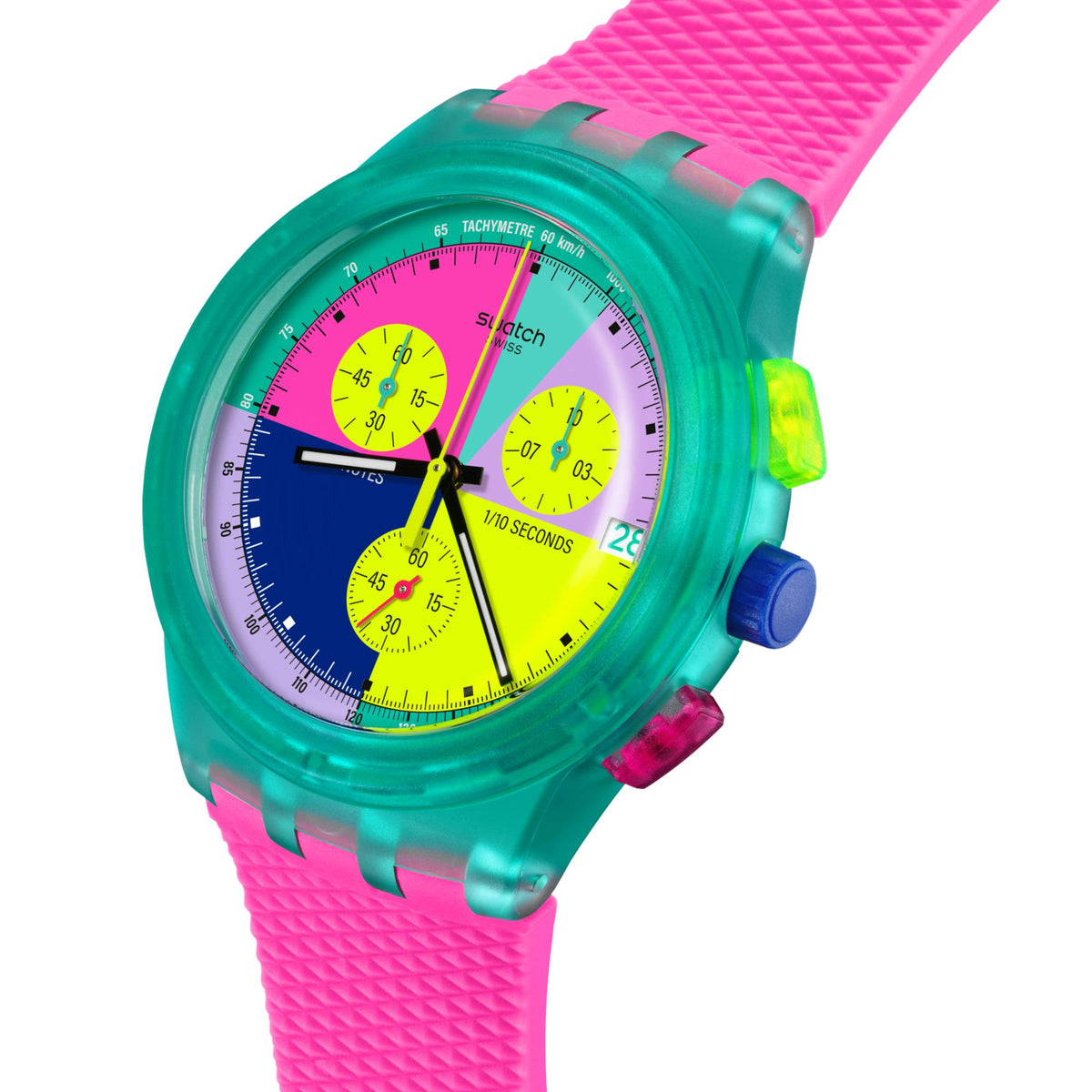 Neon chronograph watch with multicolor dial, tachymeter markings, green-tinted round case.