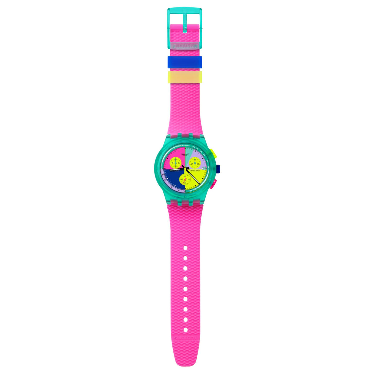 Multicolor chronograph watch on pink silicone strap with neon dial and rainbow detail tabs.