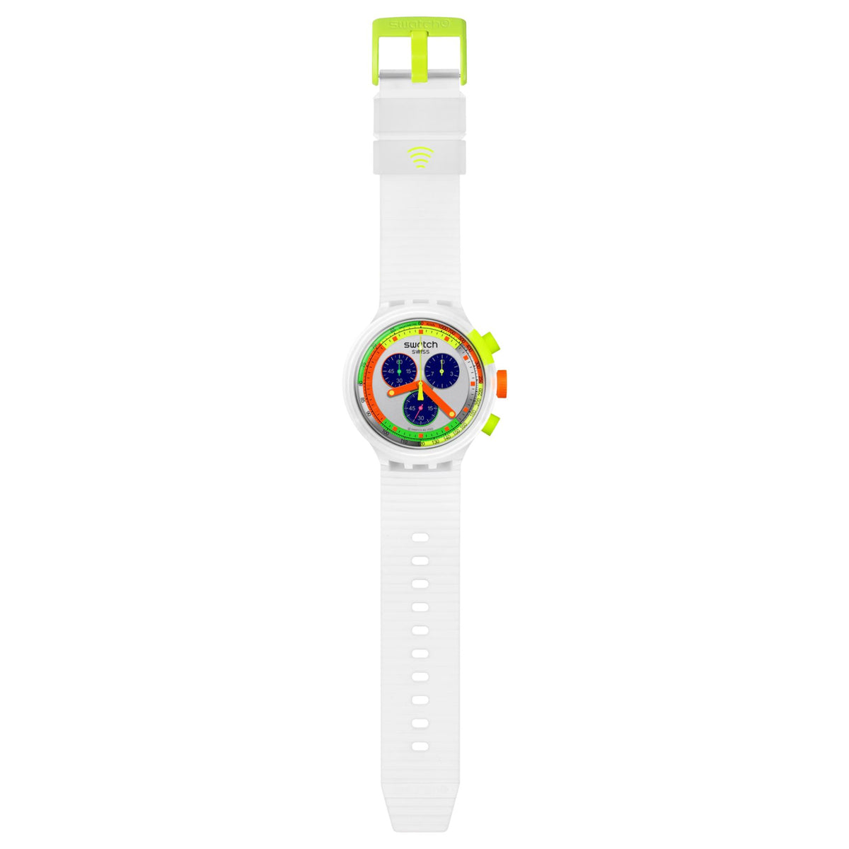White silicone Swatch chronograph watch, small neon green strap ends, round face