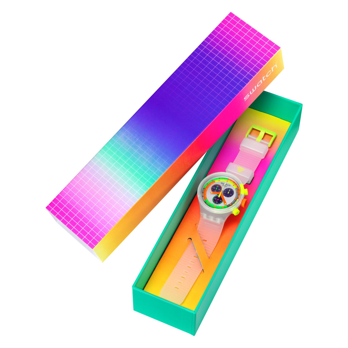 Swatch neon jelly chronograph watch in colorful gift box with white silicone band