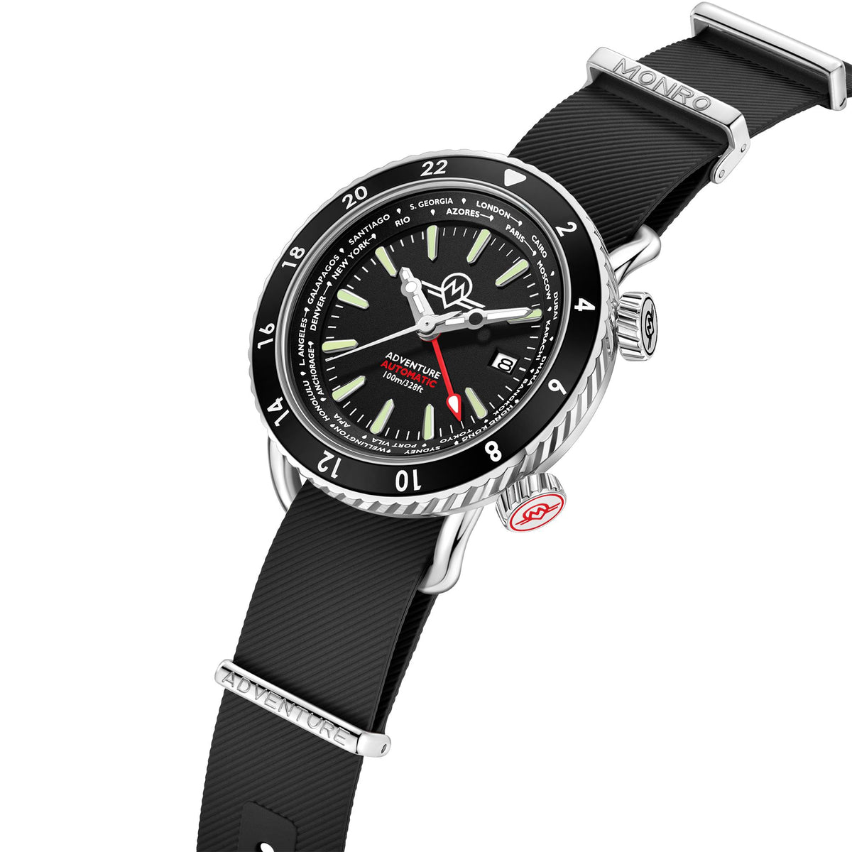Men's automatic watch with black dial and black fabric strap; metal buckle with brand name