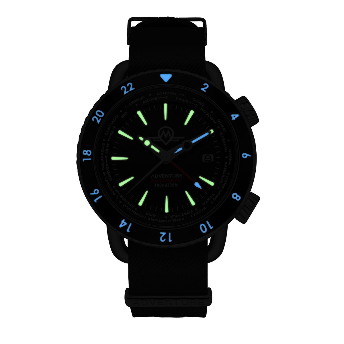 Men's automatic watch with black dial and green luminous hands, black rubber strap