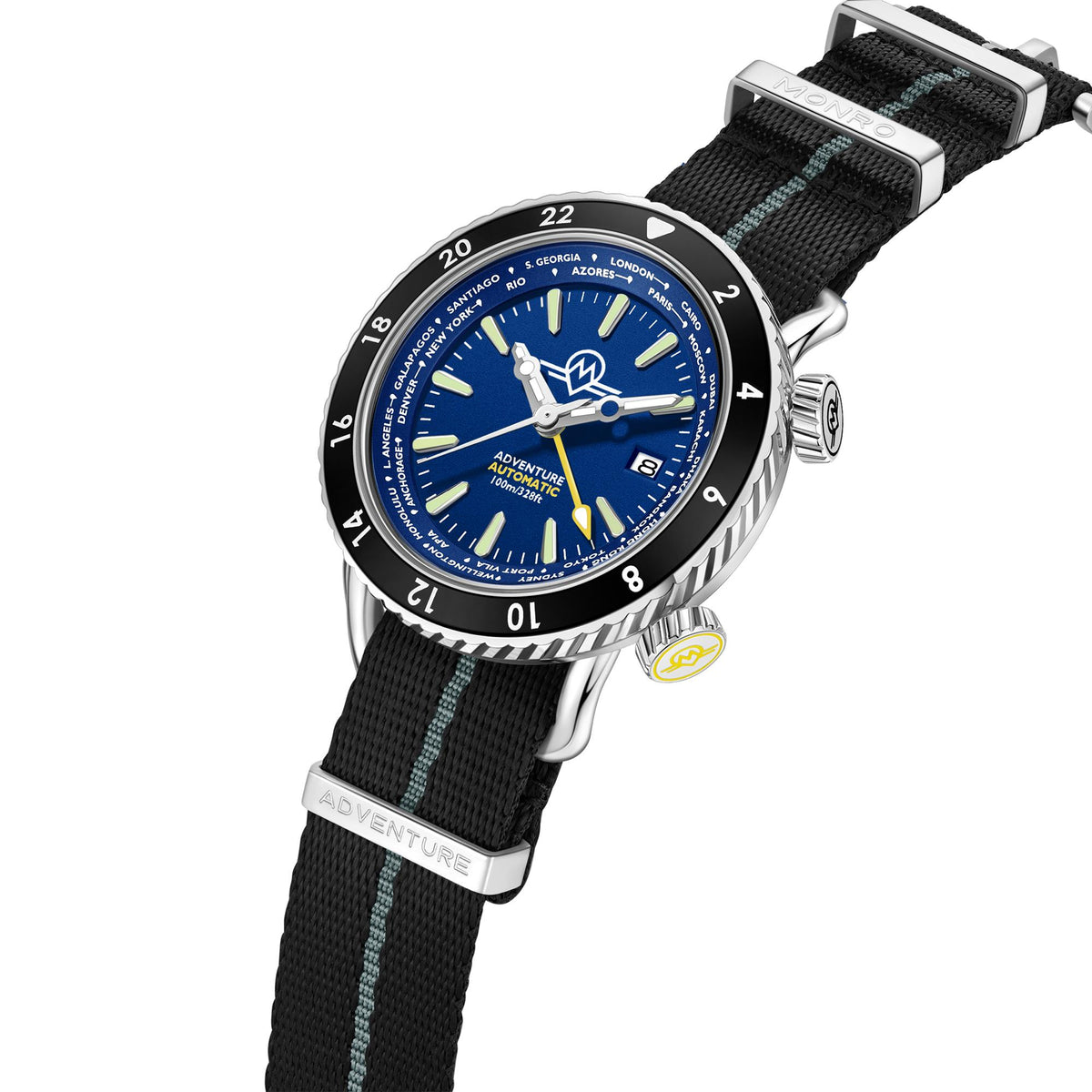 Men's automatic dive watch with blue dial and black bezel, black fabric strap in side view