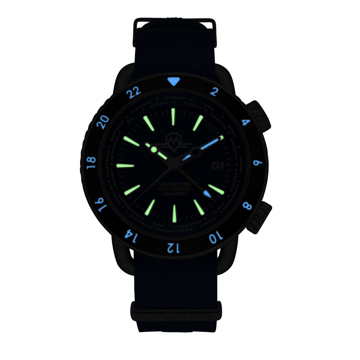 Men's automatic dive watch with dark dial and green lume, black strap and metal bezel