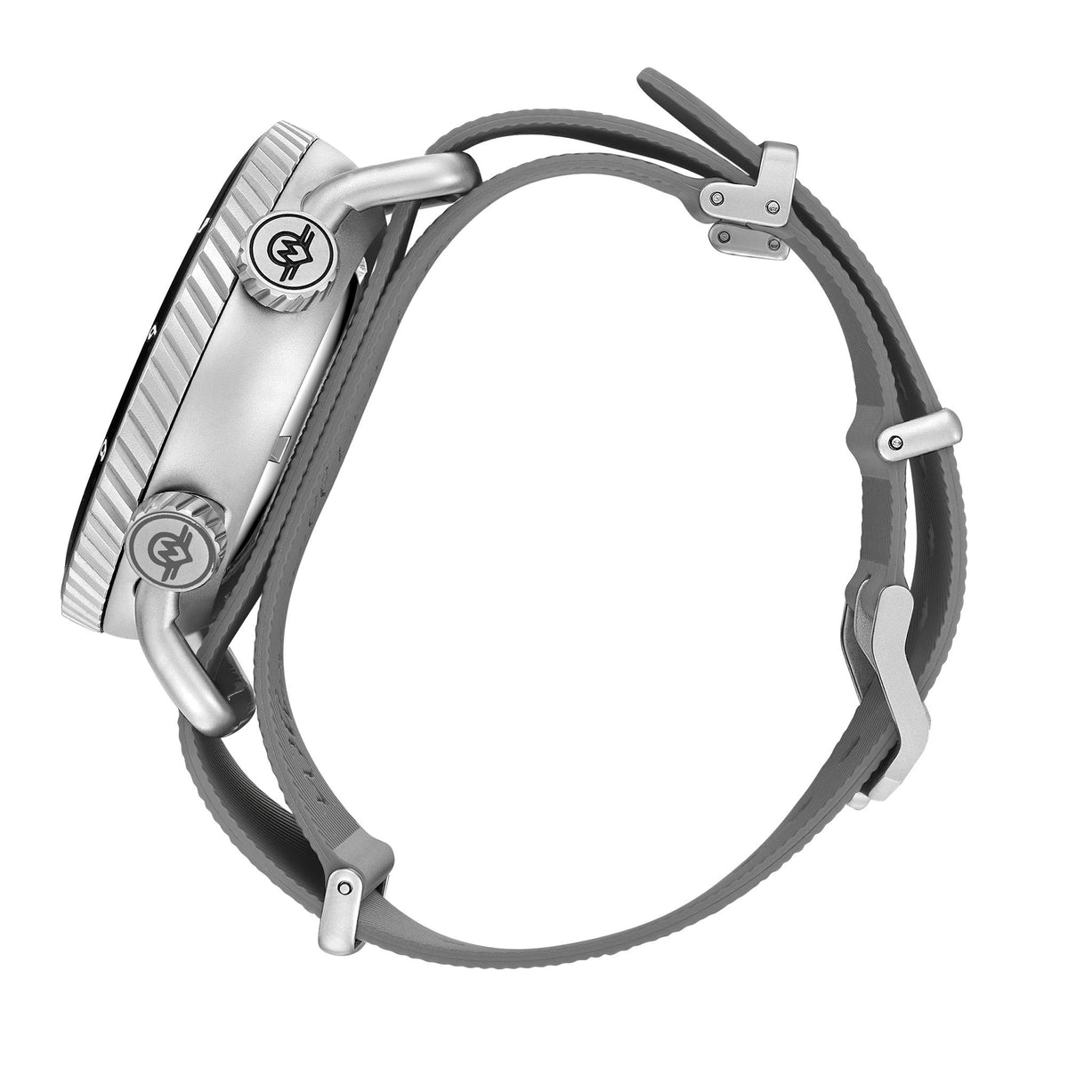 Men's automatic watch case back with strap and metal buckle, angled view