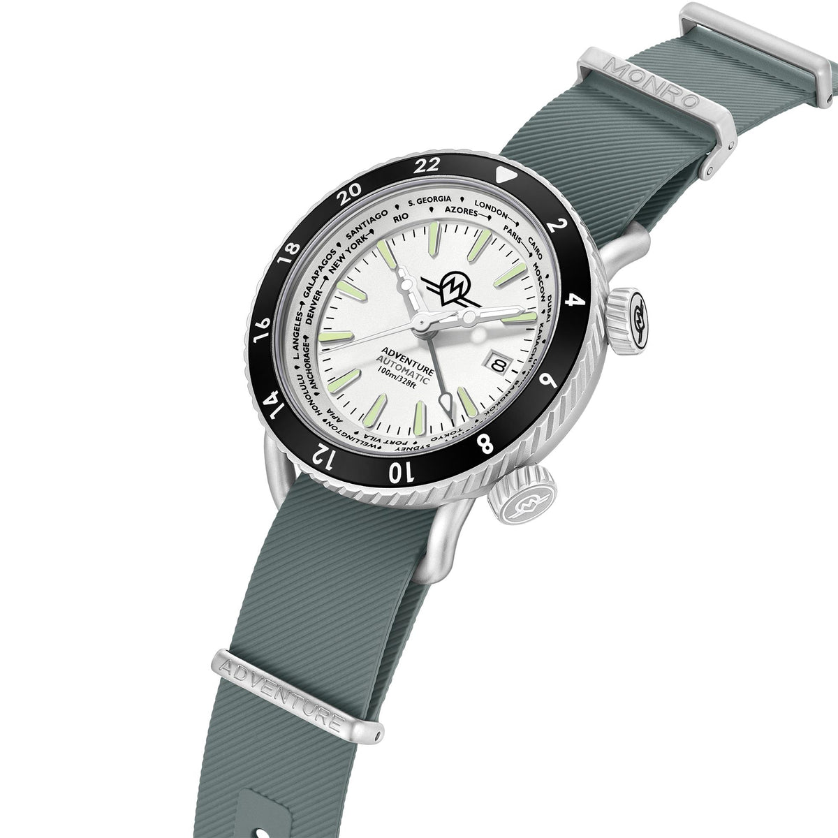 Men's automatic watch with white dial and black bezel, dark green fabric strap