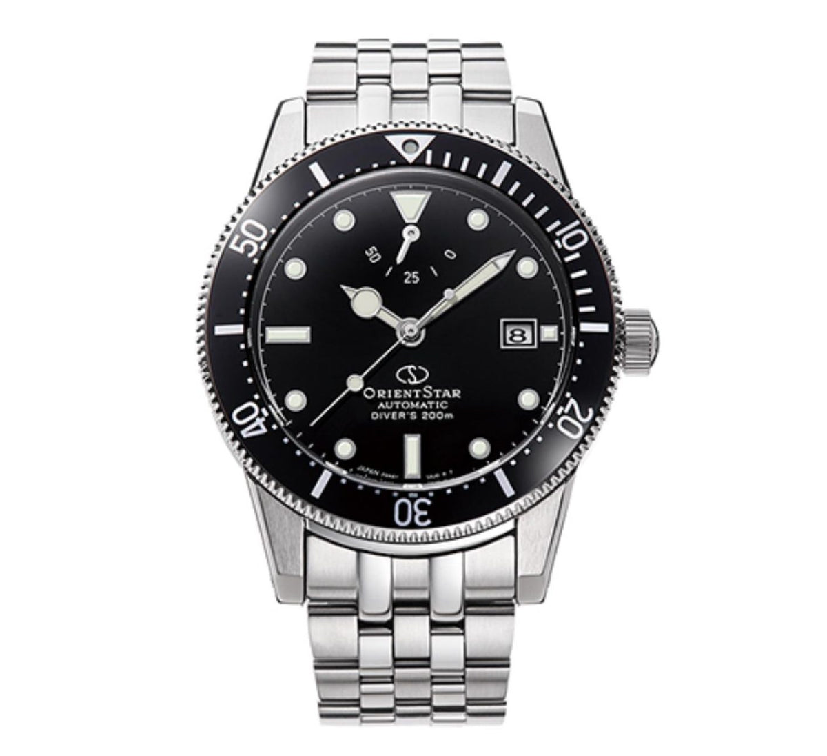 Men's automatic diver watch with black dial, steel bracelet, and rotating bezel
