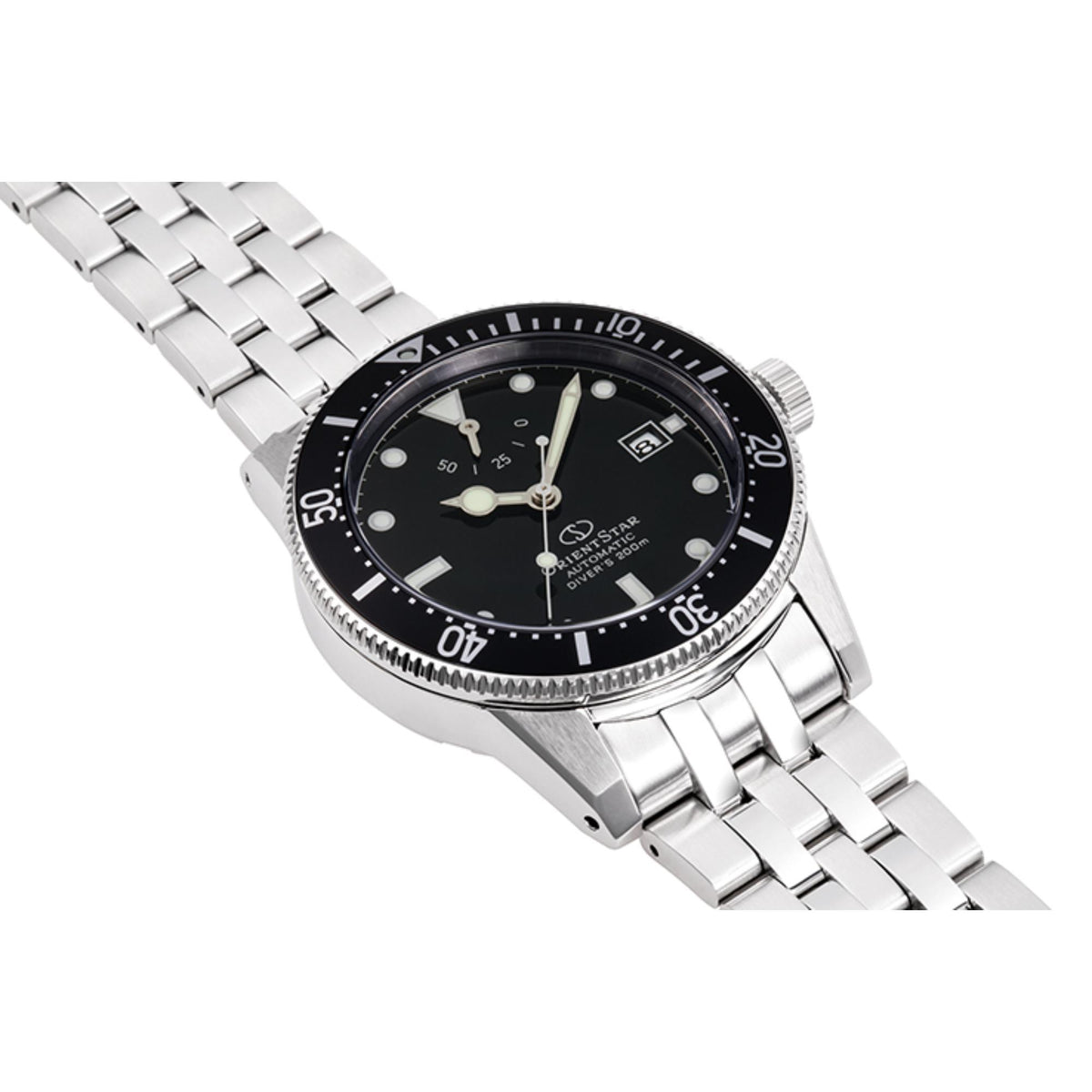Men's automatic diver watch angled view, black dial with markers and steel bracelet