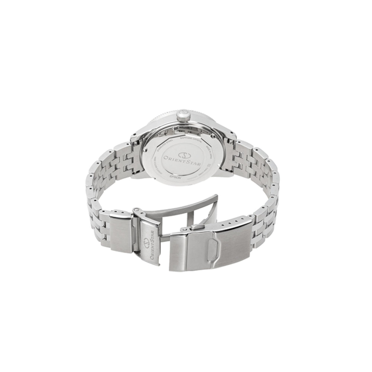 Men's automatic diver watch back view, silver caseback on steel bracelet