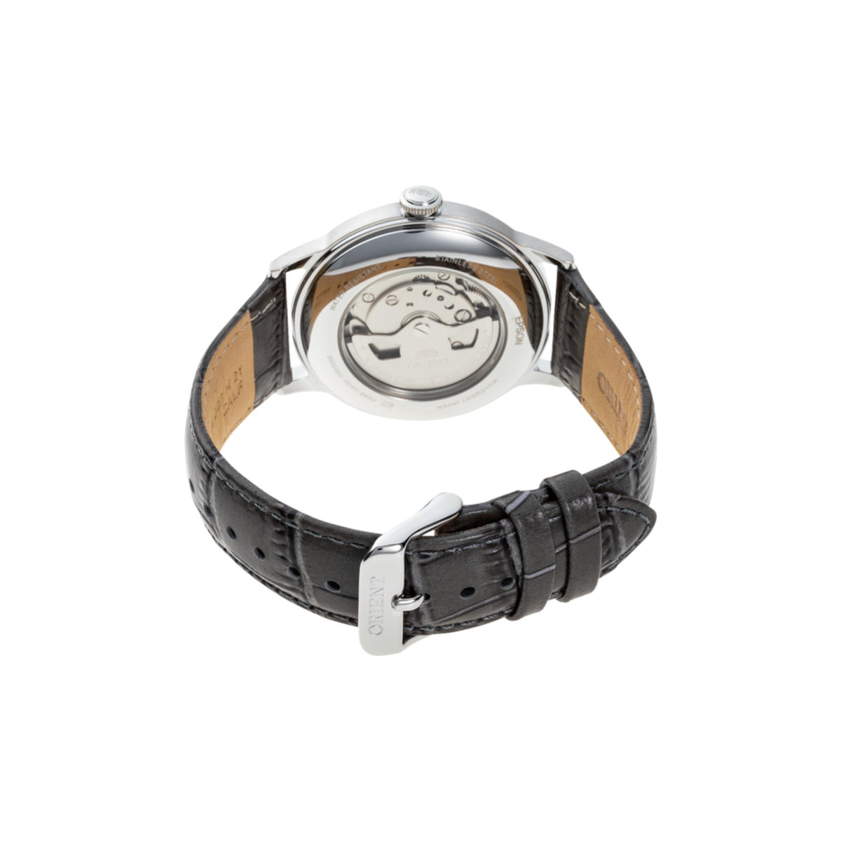 Mens automatic watch back view with stainless caseback and black leather strap buckle
