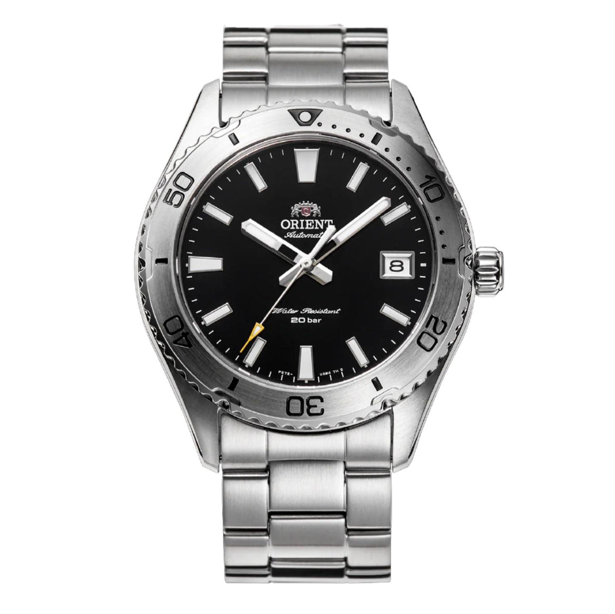 Men's Orient automatic watch with black dial, steel case, and bracelet.