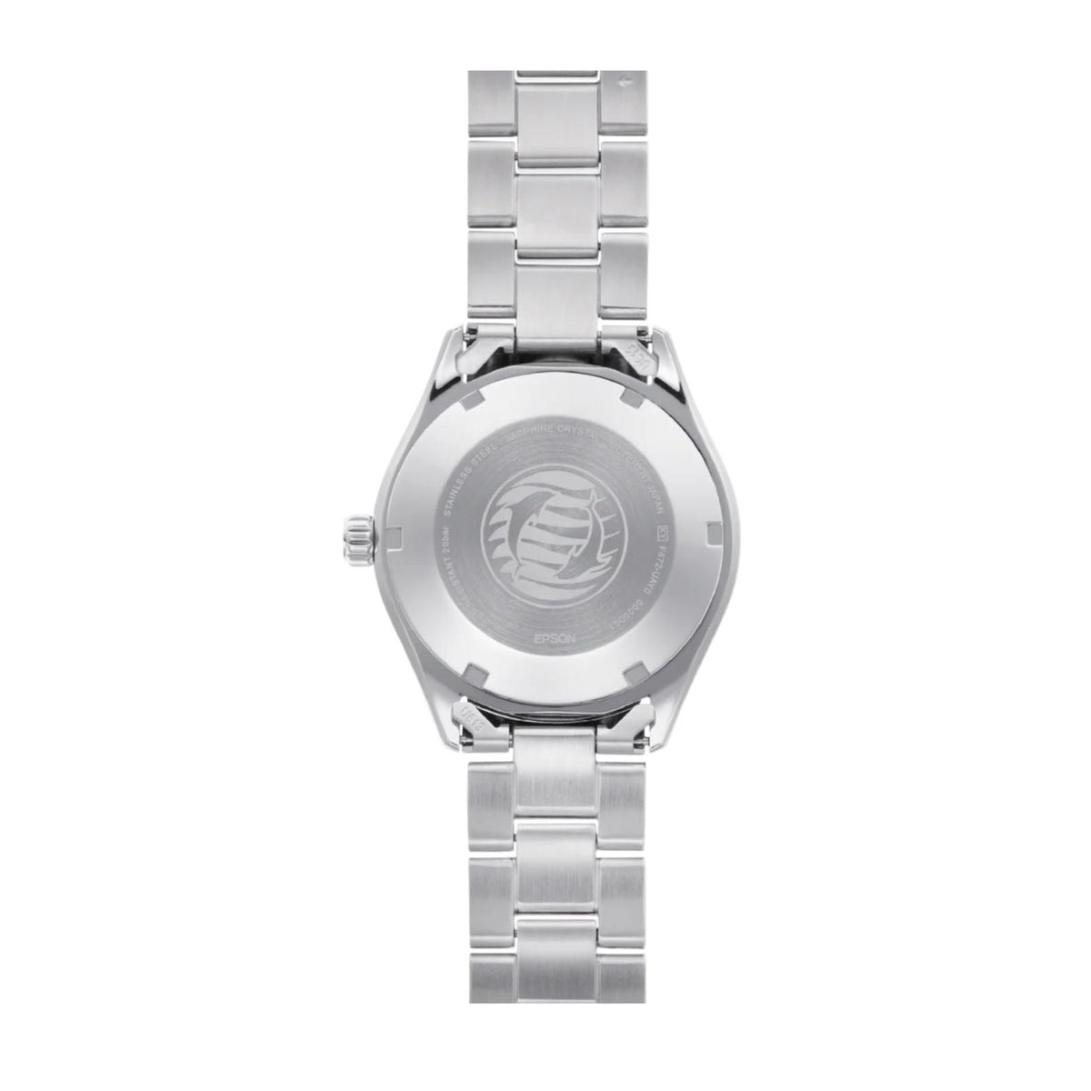 Men's Orient watch caseback in steel with engraved rotor medallion.
