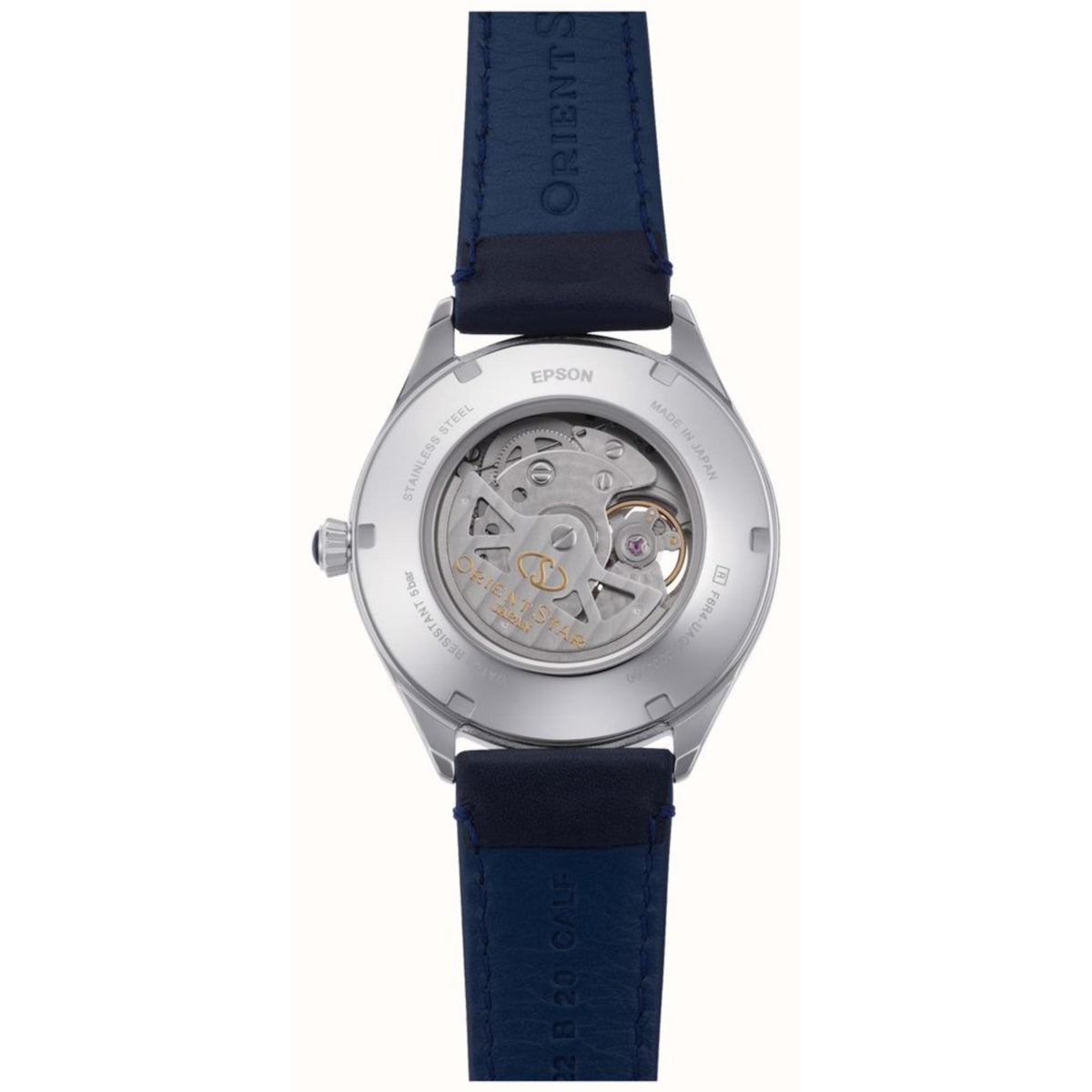 Automatic watch back view with exposed mechanism, blue leather strap, round steel case