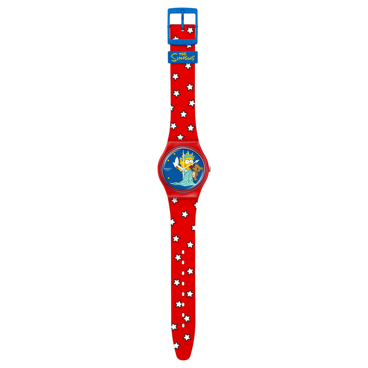 Swatch Little Lady Liberty watch, red silicone band with star print and blue round dial