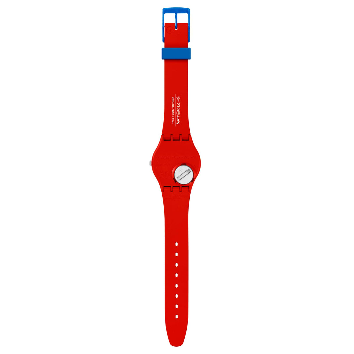 Swatch Little Lady Liberty watch red silicone strap with blue buckle and round face