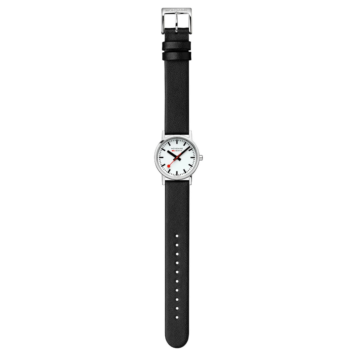 Mondaine Classic A658.30323.11SBBV wrist watch full view with fully extended black leather strap