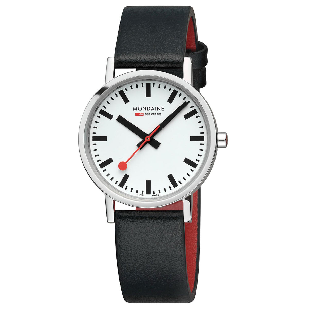 Mondaine Classic 36mm quartz watch with white dial and black leather strap