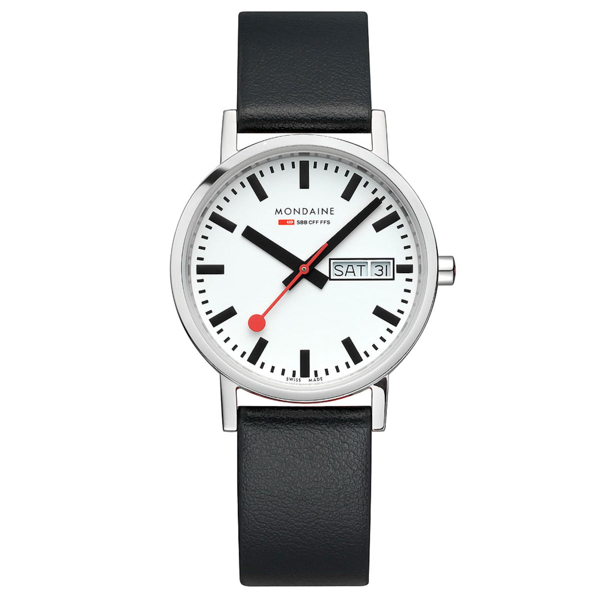 Mondaine Classic A667.30314.11SBBV front view detailing the iconic white dial, bold black indices, day-date window, and signature red second hand