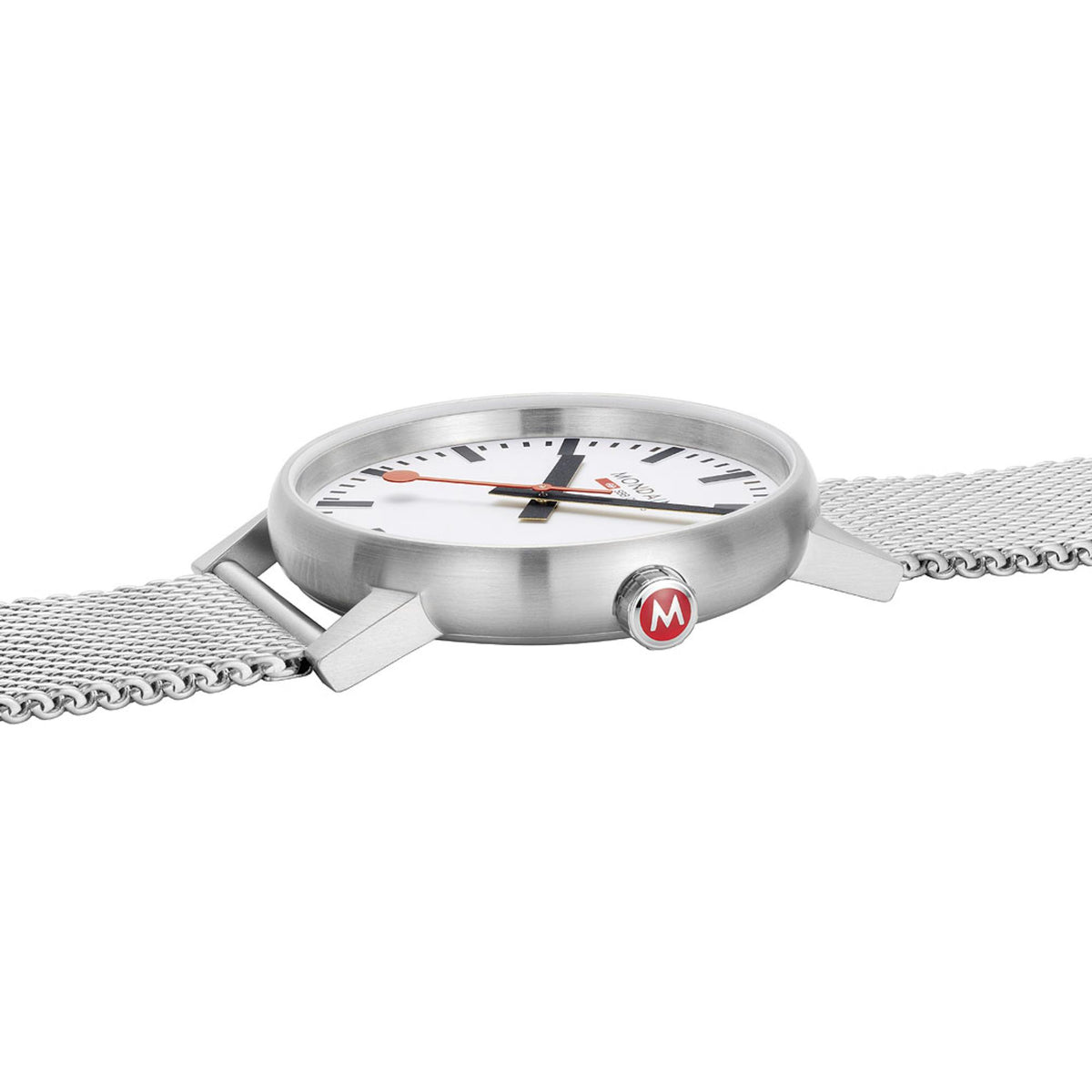 Mondaine Evo2 MSE.43110.SJ minimalist watch side profile showing smooth, curved case and red 'M' crown