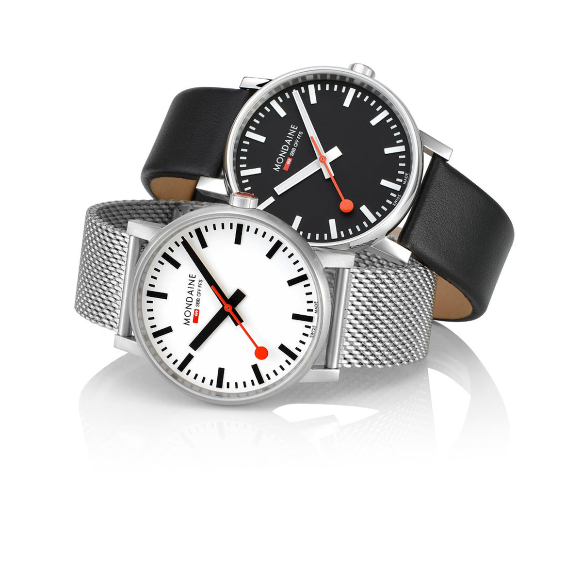 Mondaine Evo2 MSE.43110.SJ white dial watch styled alongside a black dial leather strap variant