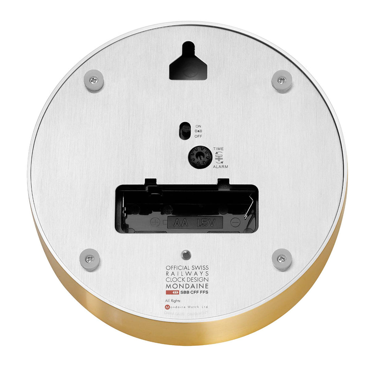 Gold-tone and silver table alarm clock back panel with battery compartment and switch