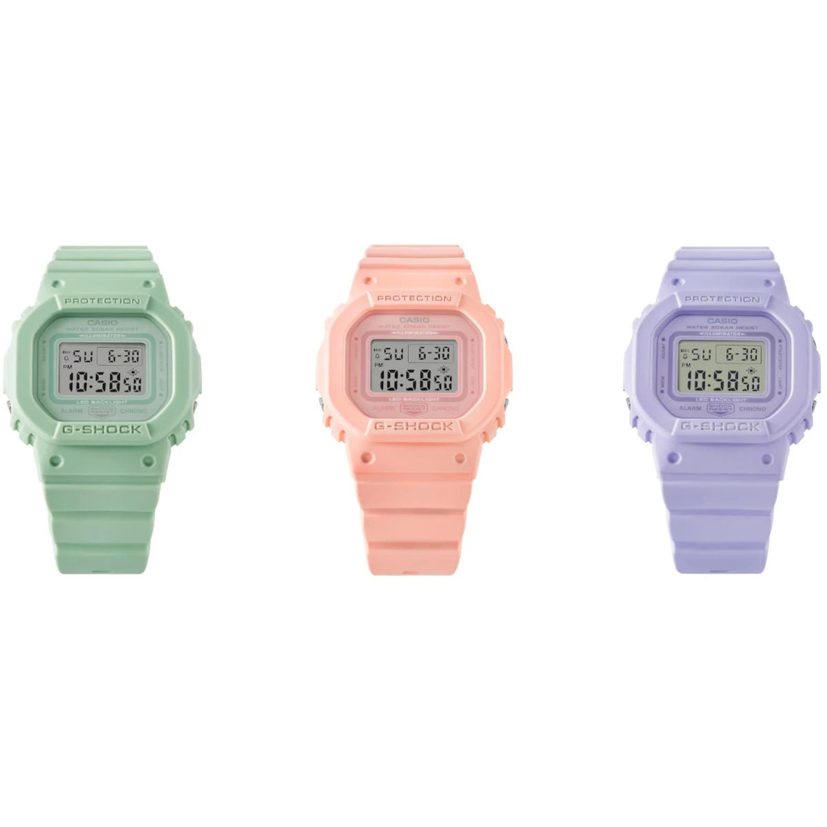 Resin digital wristwatches in lilac, peach, and mint green with square LCD displays
