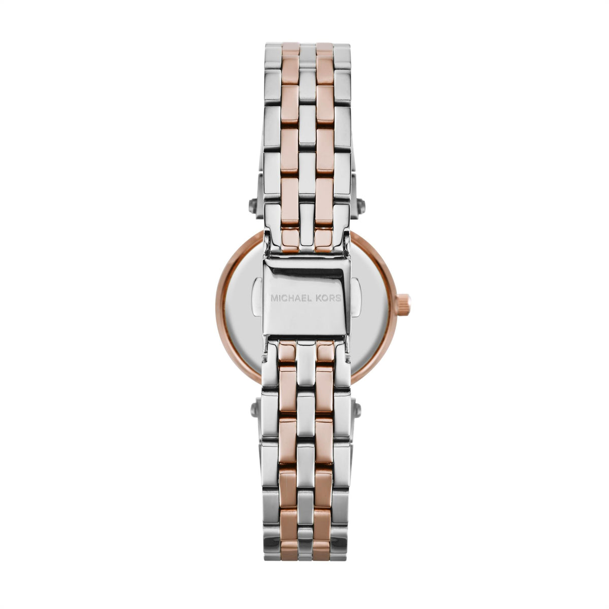 Two-tone stainless steel watch with clasp, round back plate, and rose-gold detailing