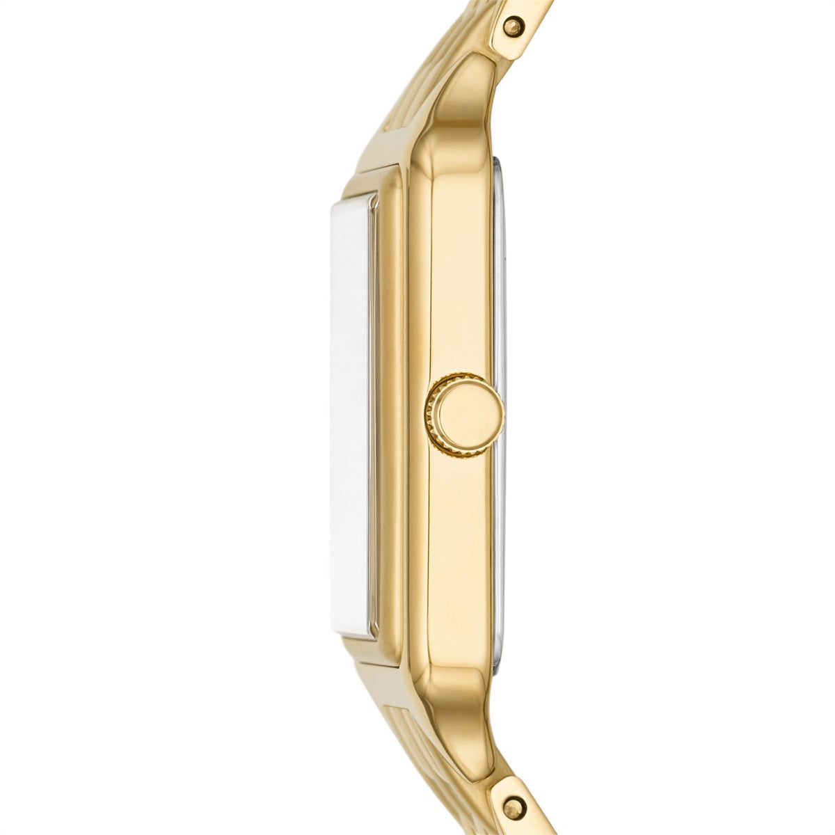 Side profile view of the Fossil Raquel ES5220 timepiece showcasing the gold-tone steel case and textured winding crown