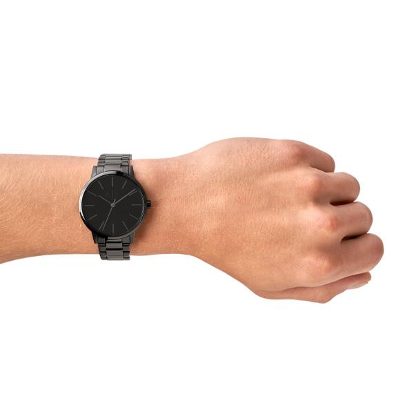 Armani Exchange Cayde AX2701 lifestyle wrist shot featuring mens black steel watch with a minimalist dial