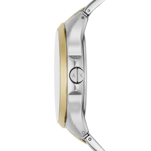 Armani Exchange Hampton steel quartz watch side view with gold bezel and crown