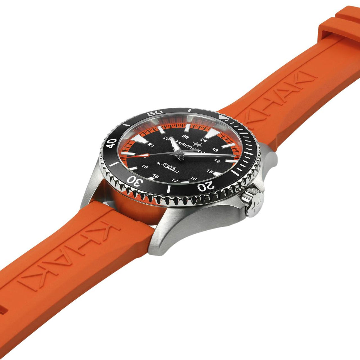 Hamilton Khaki Navy H82395331 laid flat side angle perspective view