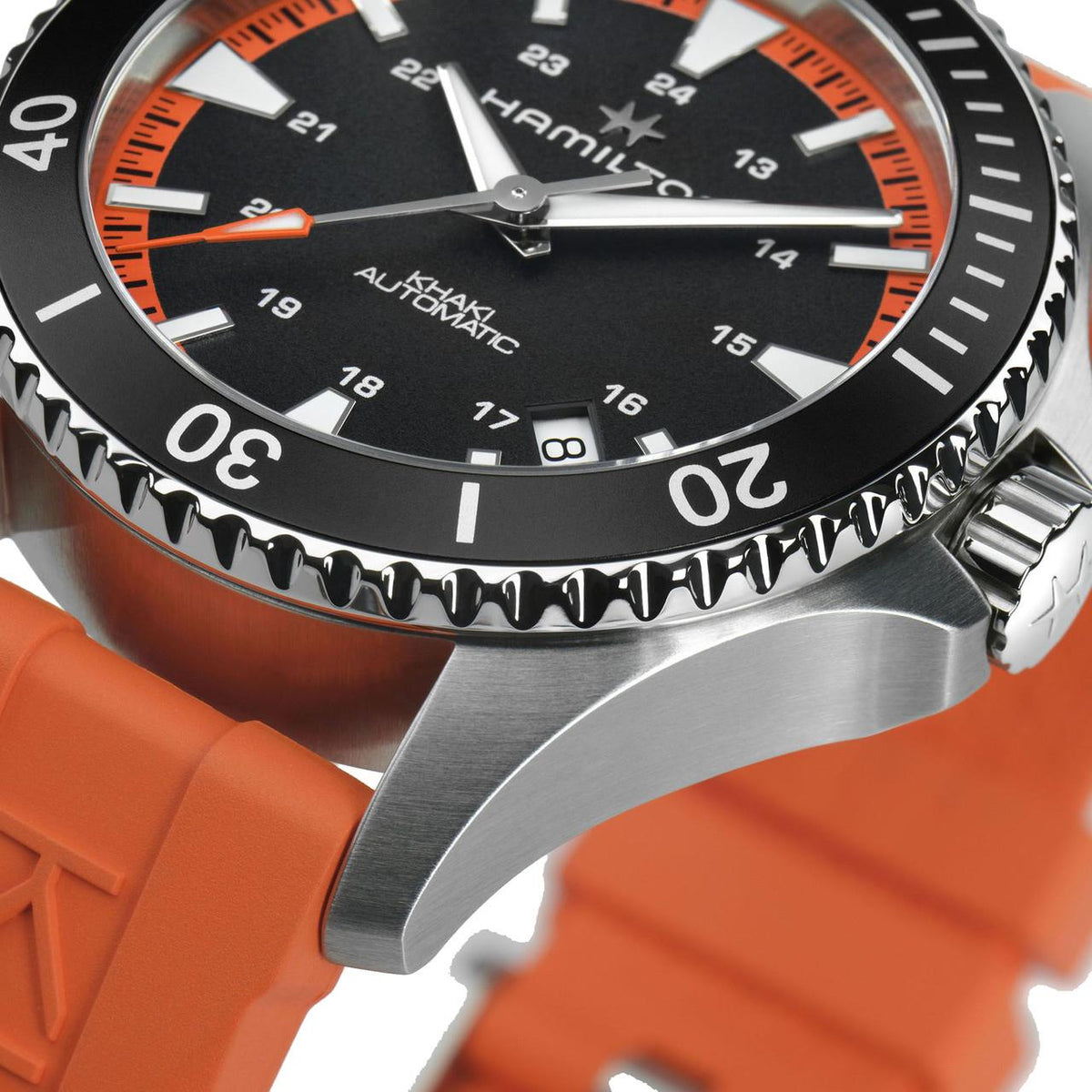Hamilton Khaki Navy H82395331 bezel and case lug extreme close up