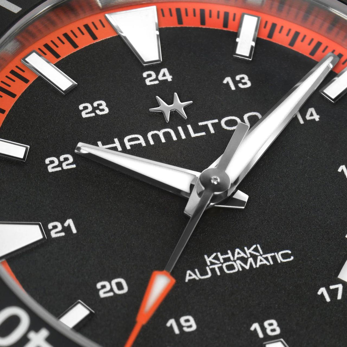 Hamilton Khaki Navy H82395331 black textured dial macro view