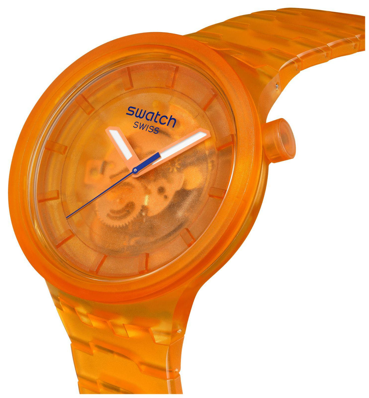 Orange Swatch bio-sourced watch angled view, crown on right, orange dial and hands.