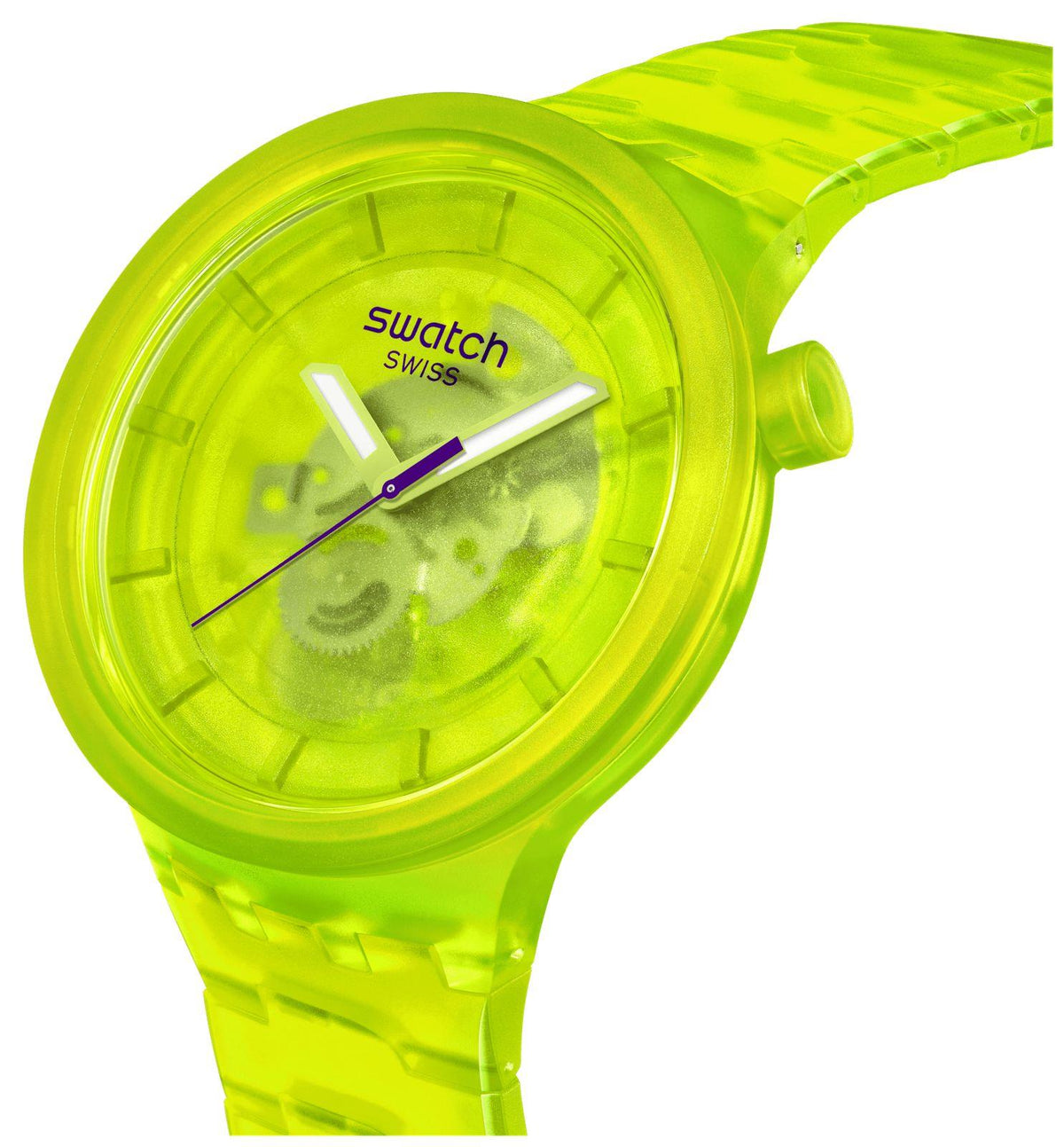 Yellow Swatch Joy wristwatch, close-up of yellow dial and translucent strap side