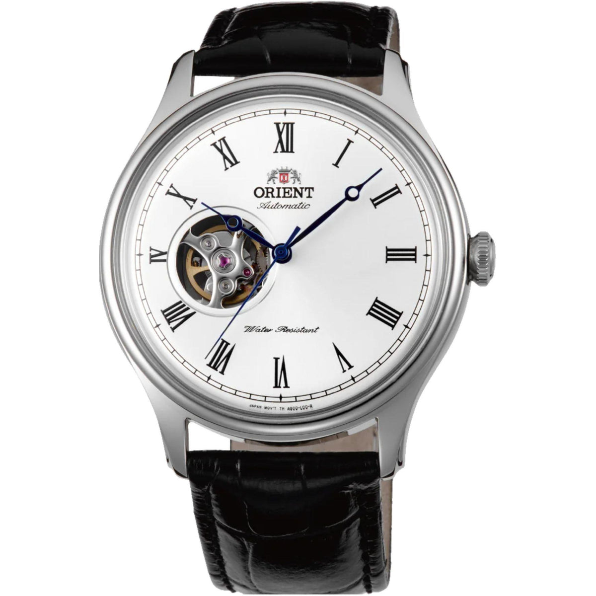 Men's automatic open-heart watch with white dial, Roman numerals, black leather strap