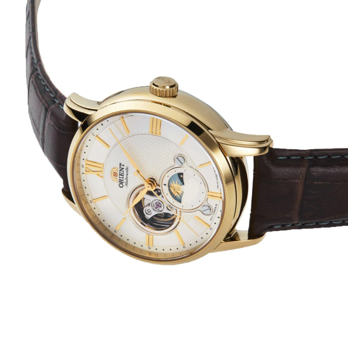 Men's Orient automatic watch with white dial and blue moon display, brown leather strap