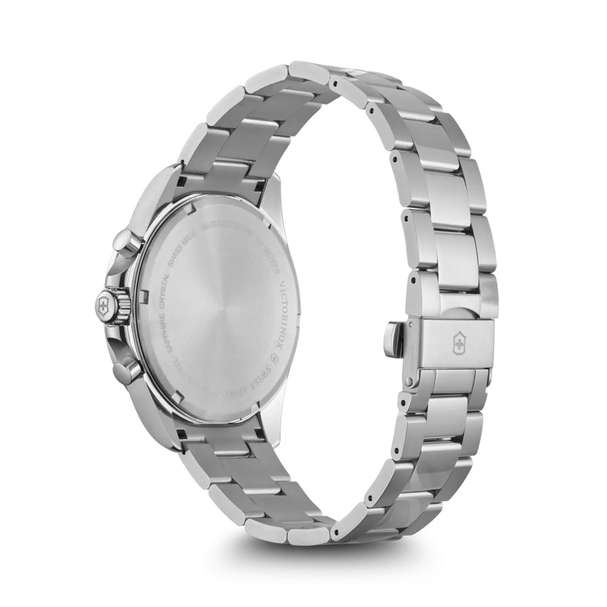 Stainless steel wristwatch caseback with linked bracelet and crown detail.
