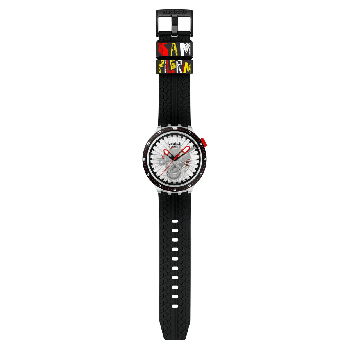Swatch wristwatch with transparent dial, red hands, black silicone strap, front view