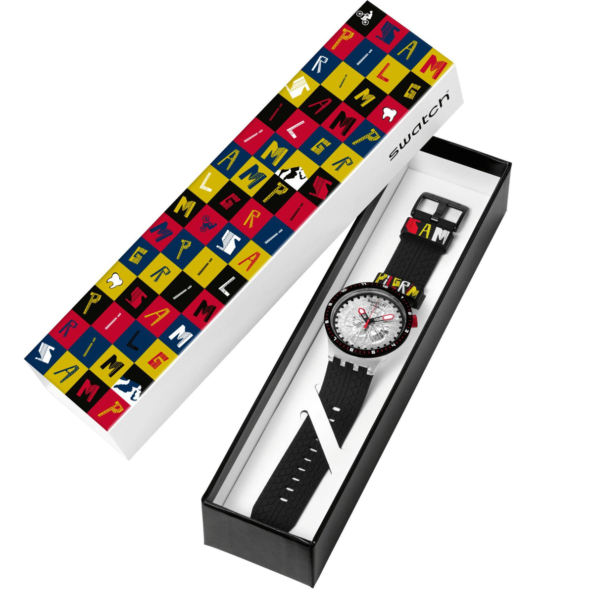 Swatch wristwatch in gift box, transparent dial with red accents, black silicone strap