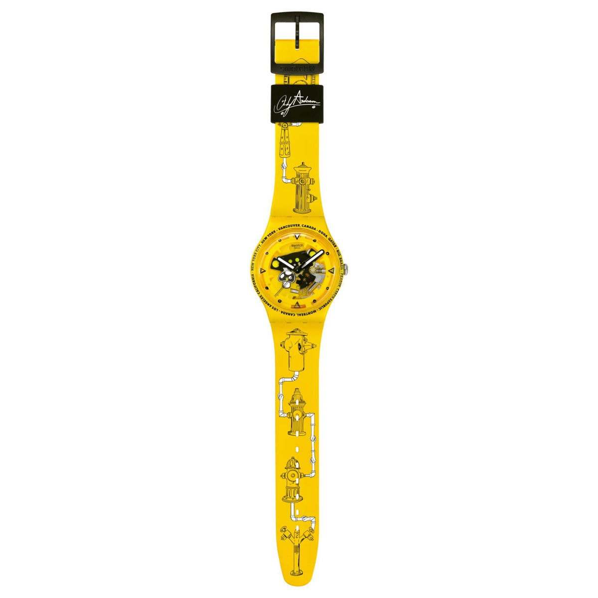 Yellow silicone Swatch watch with black dial and illustrated strap