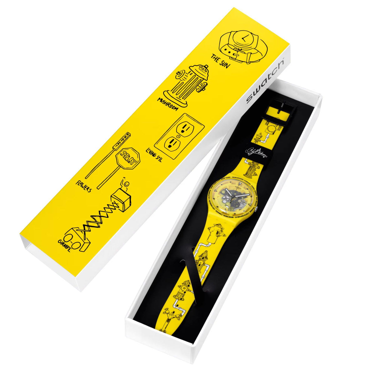 Swatch watch in yellow gift box with window, yellow strap and black dial